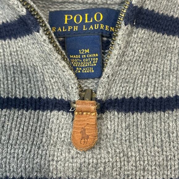 Ralph Lauren Polo Logo Gray Navy Boy's 12 Months Striped Quarter Zip Sweater - Picture 5 of 5